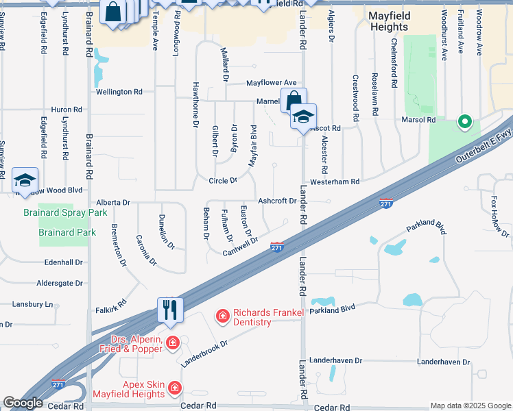 map of restaurants, bars, coffee shops, grocery stores, and more near 5916 Ashcroft Drive in Mayfield Heights