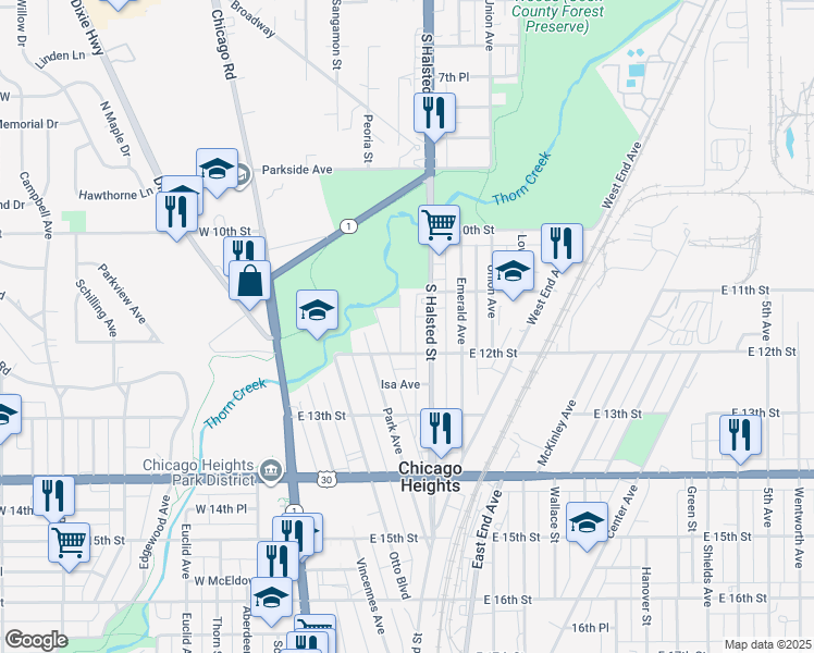 map of restaurants, bars, coffee shops, grocery stores, and more near 1127 Grant Avenue in Chicago Heights