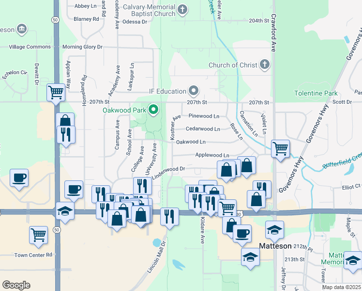 map of restaurants, bars, coffee shops, grocery stores, and more near 4325 Oakwood Lane in Matteson