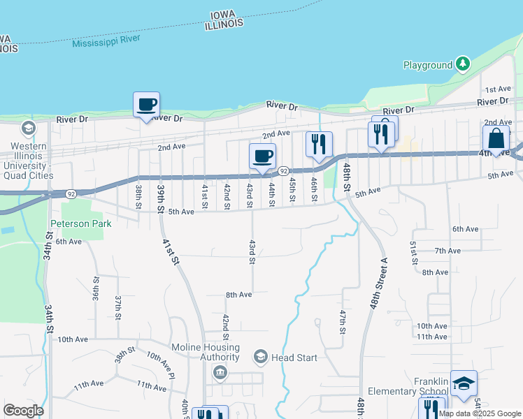 map of restaurants, bars, coffee shops, grocery stores, and more near 5th Avenue in Moline