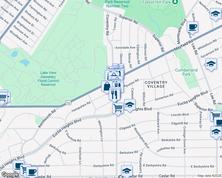 map of restaurants, bars, coffee shops, grocery stores, and more near 2777 Hampshire Road in Cleveland Heights