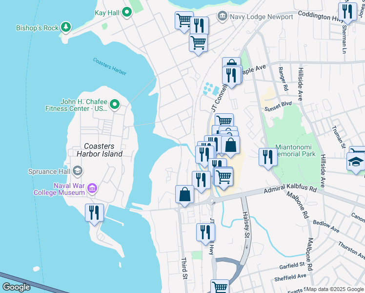 map of restaurants, bars, coffee shops, grocery stores, and more near 3rd Street Extended in Newport