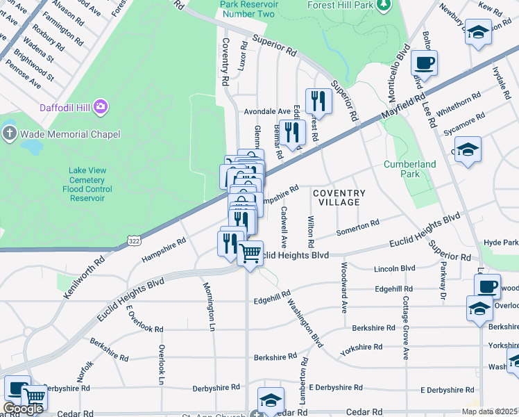 map of restaurants, bars, coffee shops, grocery stores, and more near 2831 Hampshire Road in Cleveland Heights