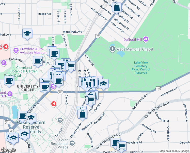 map of restaurants, bars, coffee shops, grocery stores, and more near 1919 East 123rd Street in Cleveland