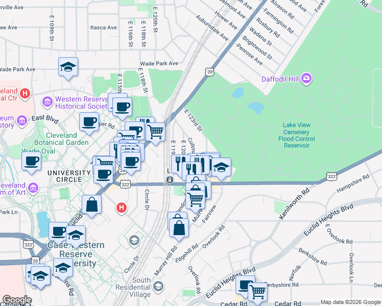 map of restaurants, bars, coffee shops, grocery stores, and more near 1913 Coltman Road in Cleveland