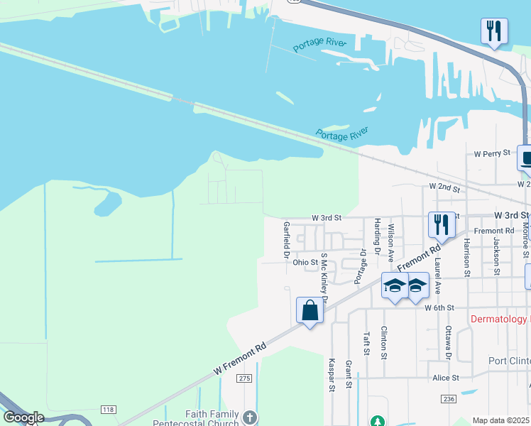 map of restaurants, bars, coffee shops, grocery stores, and more near 218 Rose Lane in Port Clinton