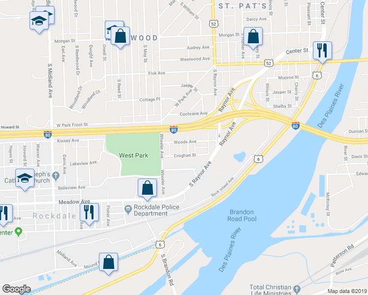 map of restaurants, bars, coffee shops, grocery stores, and more near 619 Ida Street in Joliet