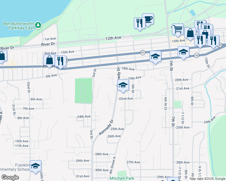 map of restaurants, bars, coffee shops, grocery stores, and more near 2005 Kennedy Drive in East Moline