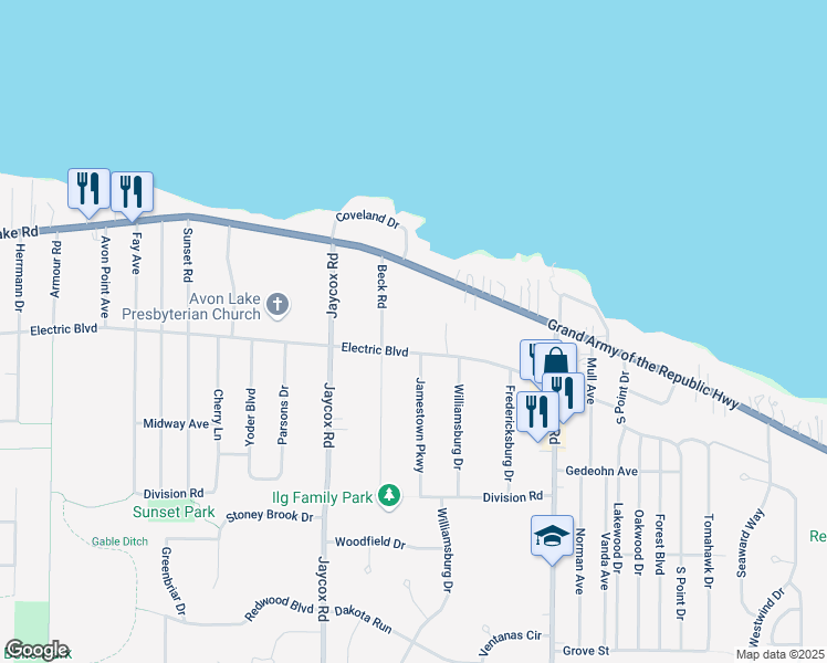 map of restaurants, bars, coffee shops, grocery stores, and more near 32197 Lake Road in Avon Lake