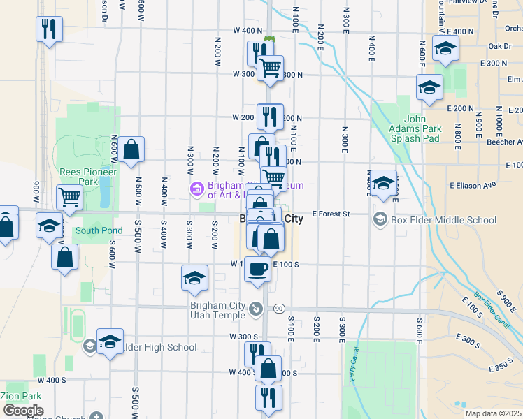 map of restaurants, bars, coffee shops, grocery stores, and more near 5 North Main Street in Brigham City