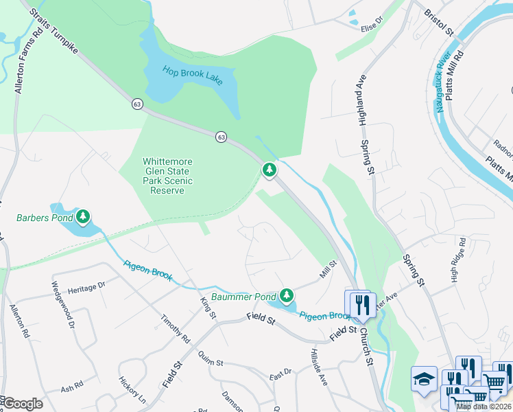 map of restaurants, bars, coffee shops, grocery stores, and more near 99 Ridge Road in Naugatuck
