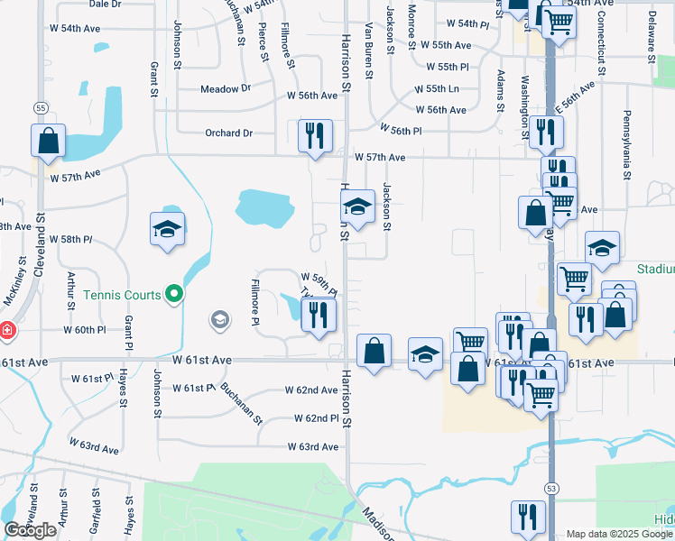 map of restaurants, bars, coffee shops, grocery stores, and more near 820 West 59th Place in Merrillville