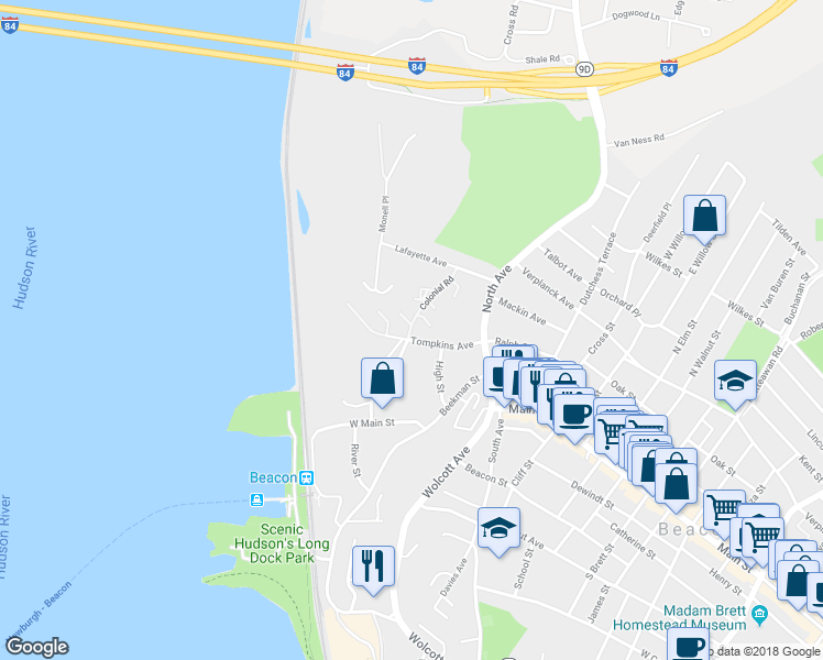 map of restaurants, bars, coffee shops, grocery stores, and more near 198 Colonial Road in Beacon