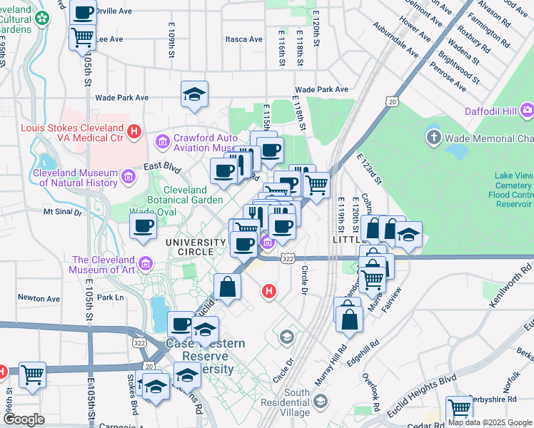 map of restaurants, bars, coffee shops, grocery stores, and more near 1716 East 115th Street in Cleveland