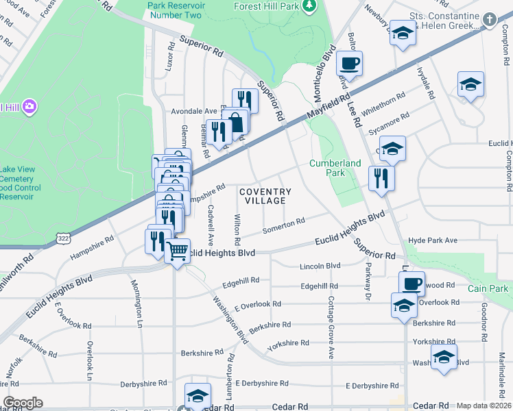 map of restaurants, bars, coffee shops, grocery stores, and more near in Cleveland Heights