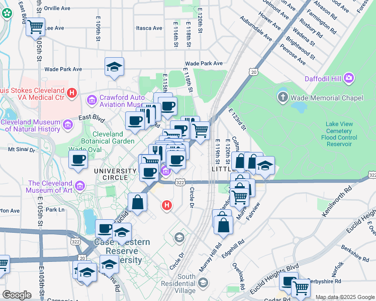 map of restaurants, bars, coffee shops, grocery stores, and more near 11610 Euclid Avenue in Cleveland