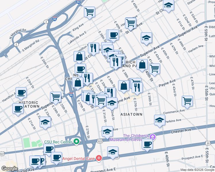 map of restaurants, bars, coffee shops, grocery stores, and more near 1548 East 34th Street in Cleveland