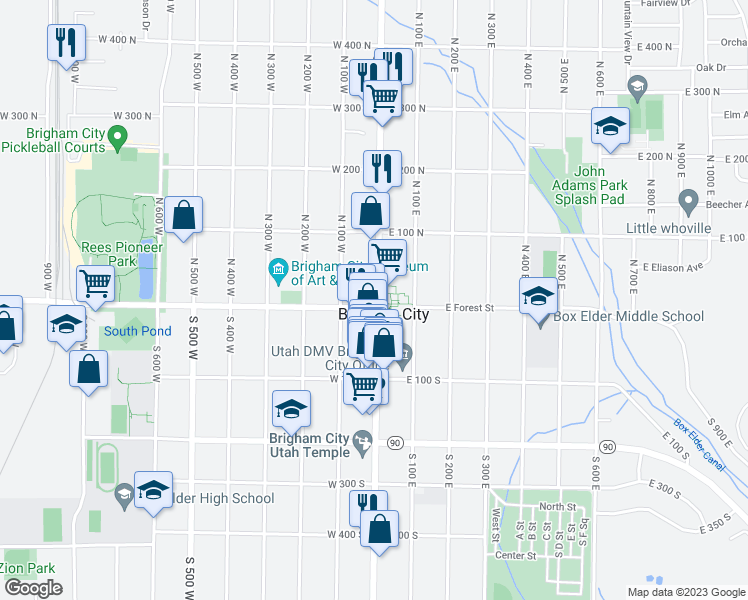 map of restaurants, bars, coffee shops, grocery stores, and more near 5 North Main Street in Brigham City