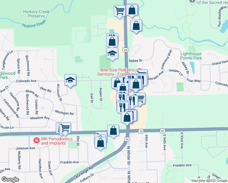 map of restaurants, bars, coffee shops, grocery stores, and more near 120 Boulder Court in Frankfort