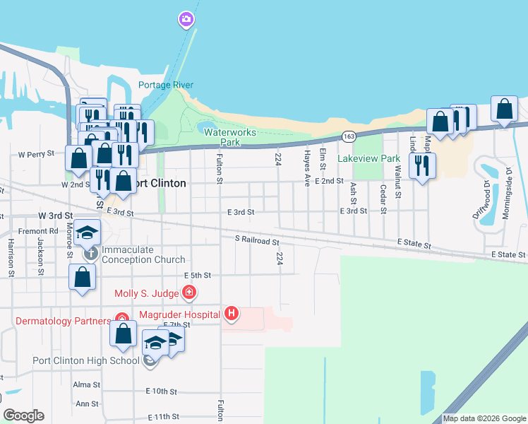 map of restaurants, bars, coffee shops, grocery stores, and more near East 3rd Street in Port Clinton