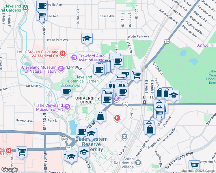 map of restaurants, bars, coffee shops, grocery stores, and more near 11320 Bellflower Road in Cleveland