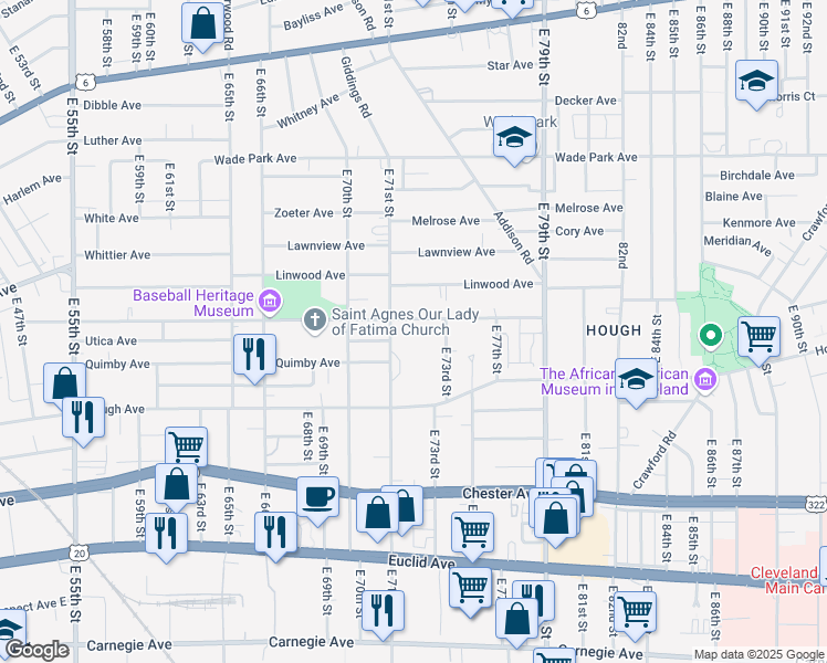 map of restaurants, bars, coffee shops, grocery stores, and more near 1651 East 71st Street in Cleveland