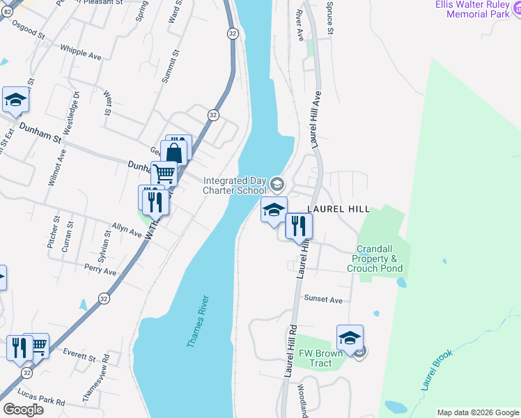 map of restaurants, bars, coffee shops, grocery stores, and more near 68 Thermos Avenue in Norwich