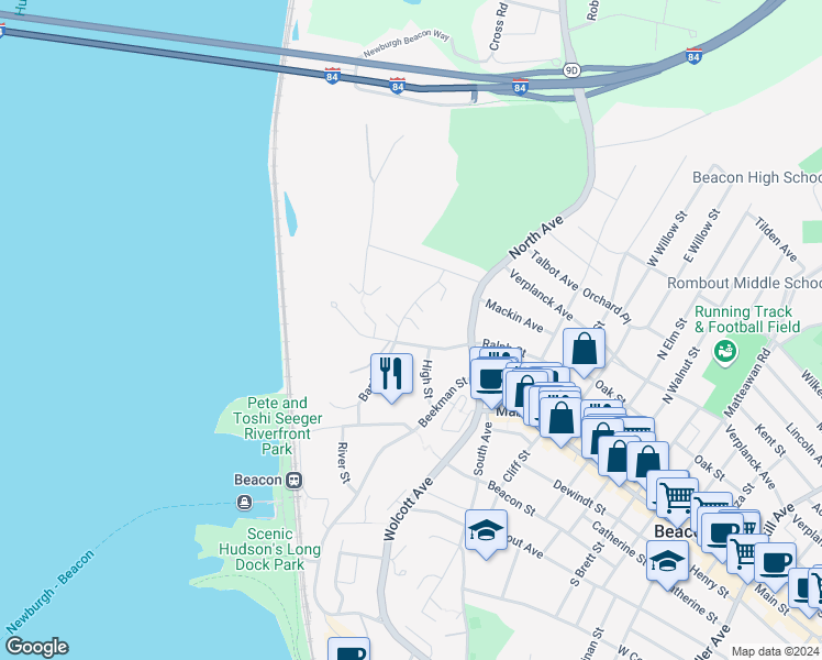 map of restaurants, bars, coffee shops, grocery stores, and more near 8 Colonial Road in Beacon