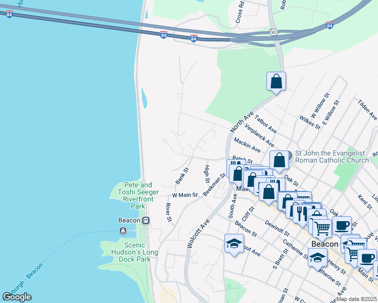 map of restaurants, bars, coffee shops, grocery stores, and more near 193 Tompkins Terrace in Beacon