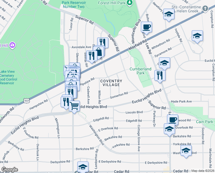 map of restaurants, bars, coffee shops, grocery stores, and more near in Cleveland Heights