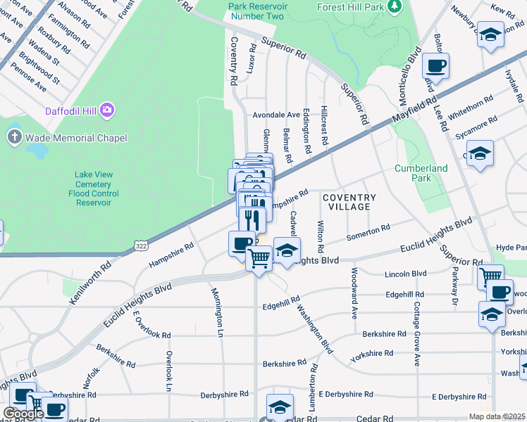 map of restaurants, bars, coffee shops, grocery stores, and more near 2831 Hampshire Road in Cleveland Heights