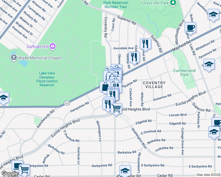 map of restaurants, bars, coffee shops, grocery stores, and more near 1782 Coventry Road in Cleveland Heights