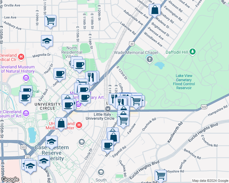 map of restaurants, bars, coffee shops, grocery stores, and more near 1913 East 119th Street in Cleveland