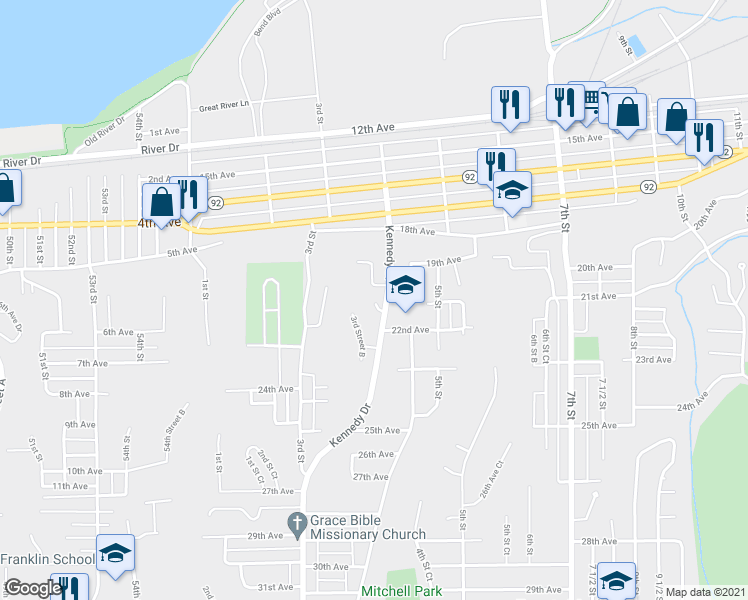 map of restaurants, bars, coffee shops, grocery stores, and more near 2005 Kennedy Drive in East Moline