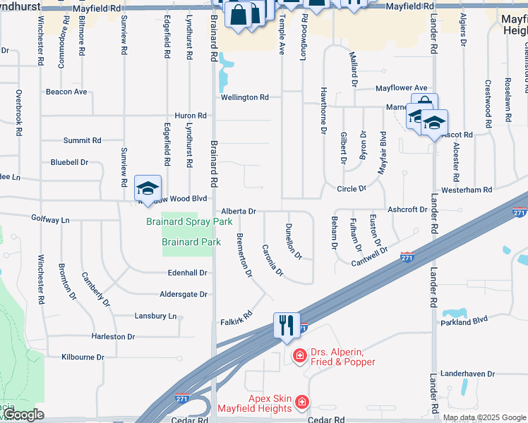 map of restaurants, bars, coffee shops, grocery stores, and more near 5712 Alberta Drive in Lyndhurst