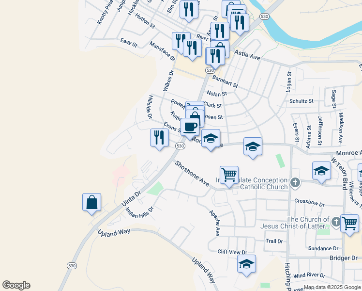 map of restaurants, bars, coffee shops, grocery stores, and more near 999 Uinta Drive in Green River