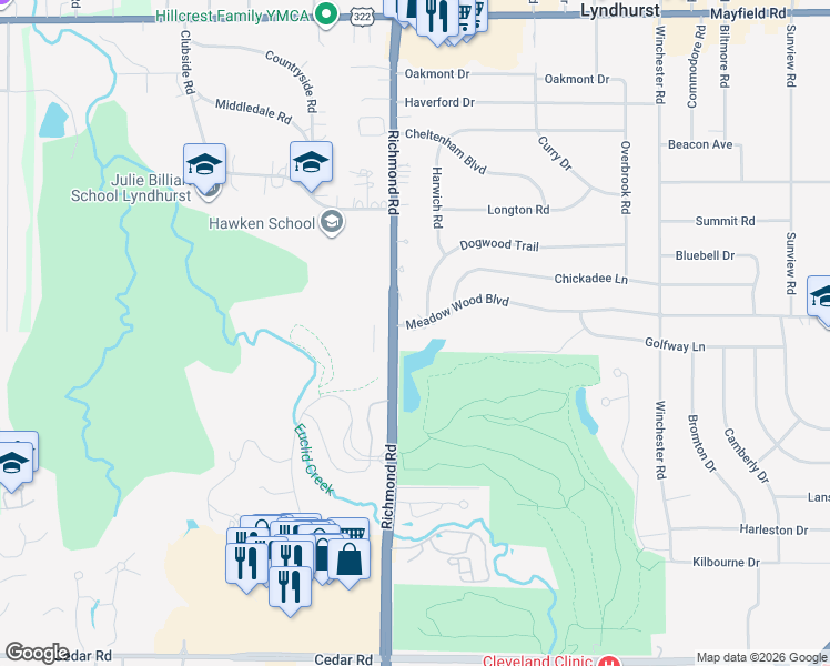 map of restaurants, bars, coffee shops, grocery stores, and more near 5099 Meadow Wood Boulevard in Lyndhurst
