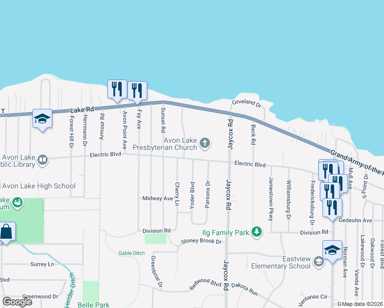 map of restaurants, bars, coffee shops, grocery stores, and more near 151 Harvey Parkway in Avon Lake