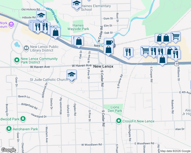 map of restaurants, bars, coffee shops, grocery stores, and more near 131 West 1st Avenue in New Lenox