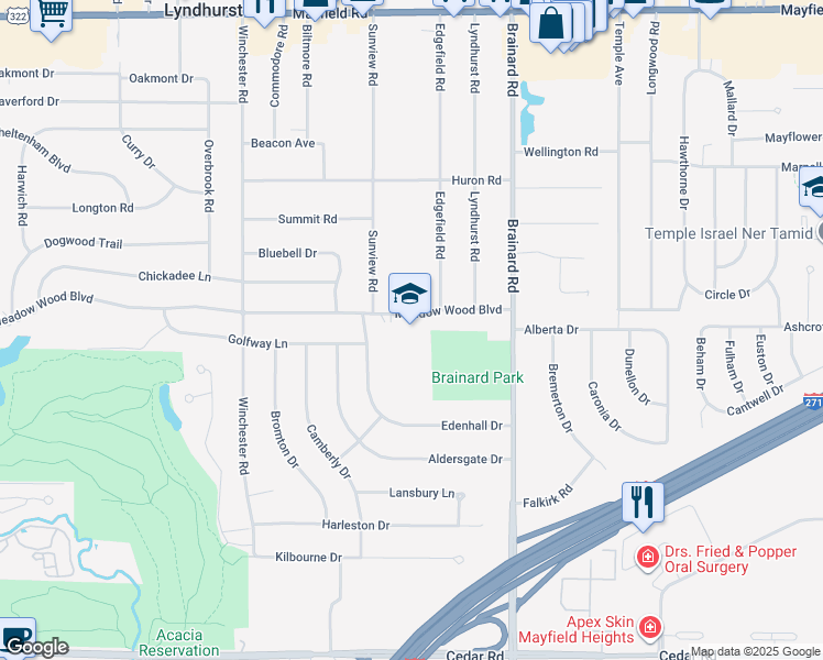 map of restaurants, bars, coffee shops, grocery stores, and more near 5520 Meadow Wood Boulevard in Lyndhurst