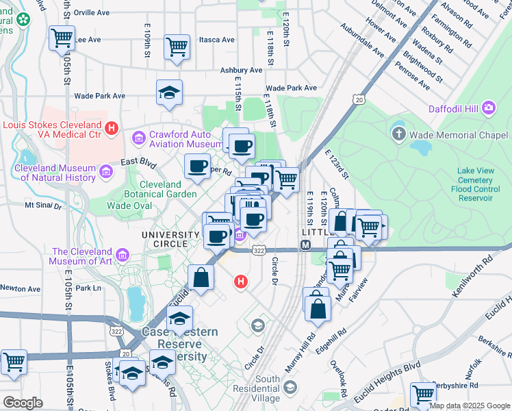 map of restaurants, bars, coffee shops, grocery stores, and more near in Cleveland