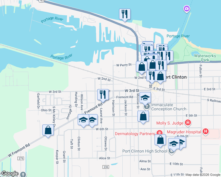 map of restaurants, bars, coffee shops, grocery stores, and more near 222 Harrison Street in Port Clinton