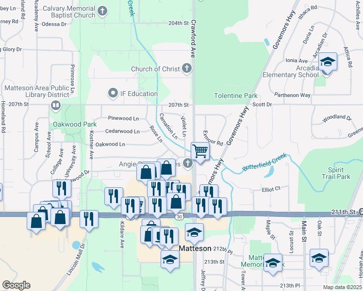 map of restaurants, bars, coffee shops, grocery stores, and more near 820 Carnation Lane in Matteson