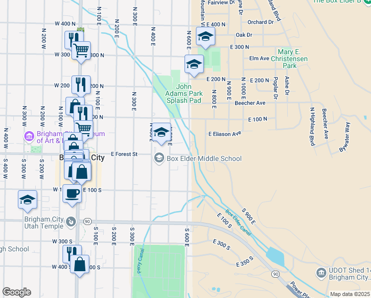 map of restaurants, bars, coffee shops, grocery stores, and more near 547 East Forest Street in Brigham City