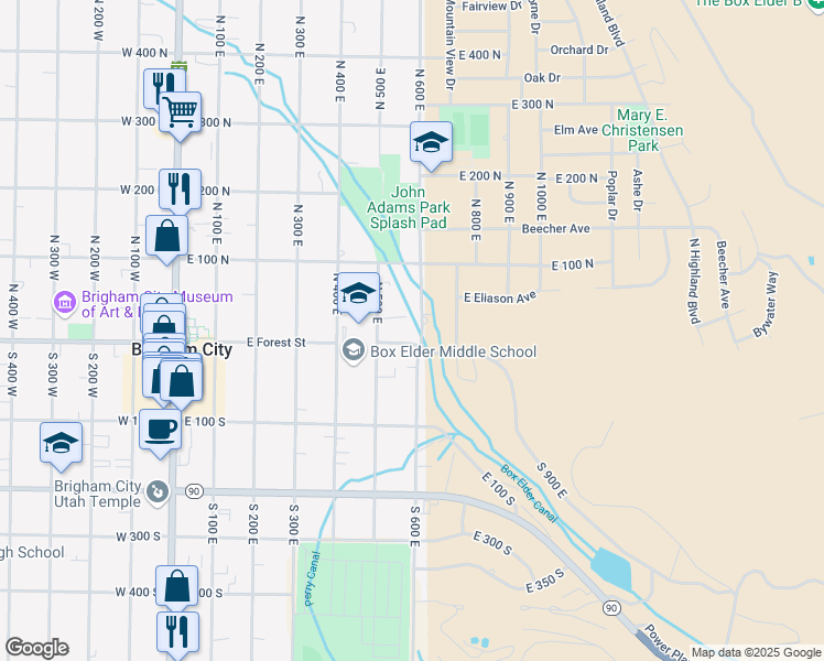 map of restaurants, bars, coffee shops, grocery stores, and more near 547 East Forest Street in Brigham City