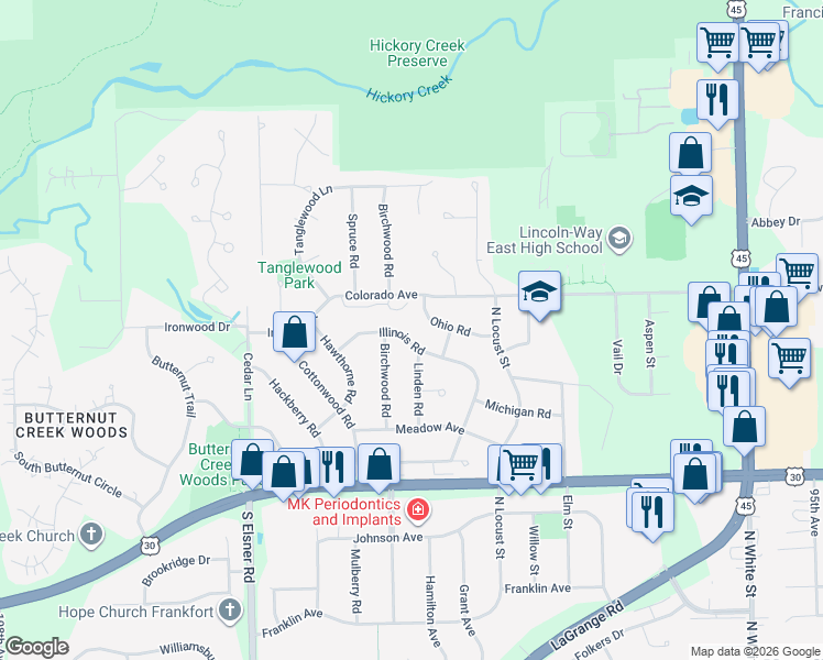 map of restaurants, bars, coffee shops, grocery stores, and more near 507 Illinois Road in Frankfort