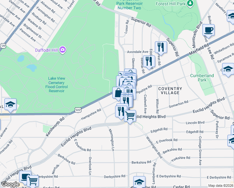 map of restaurants, bars, coffee shops, grocery stores, and more near 2744 Mayfield Road in Cleveland Heights