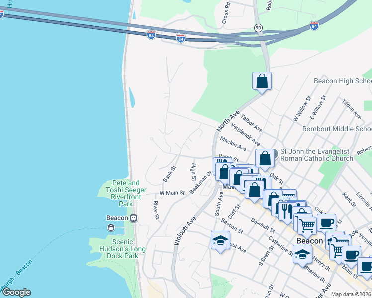 map of restaurants, bars, coffee shops, grocery stores, and more near 8 Colonial Road in Beacon