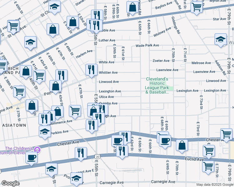 map of restaurants, bars, coffee shops, grocery stores, and more near 5811 Lexington Avenue in Cleveland