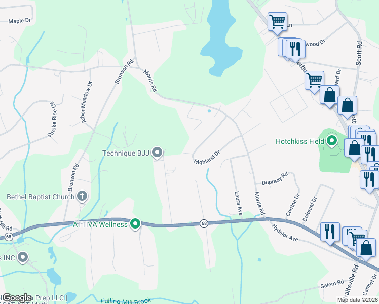 map of restaurants, bars, coffee shops, grocery stores, and more near 32 Highland Drive in Prospect